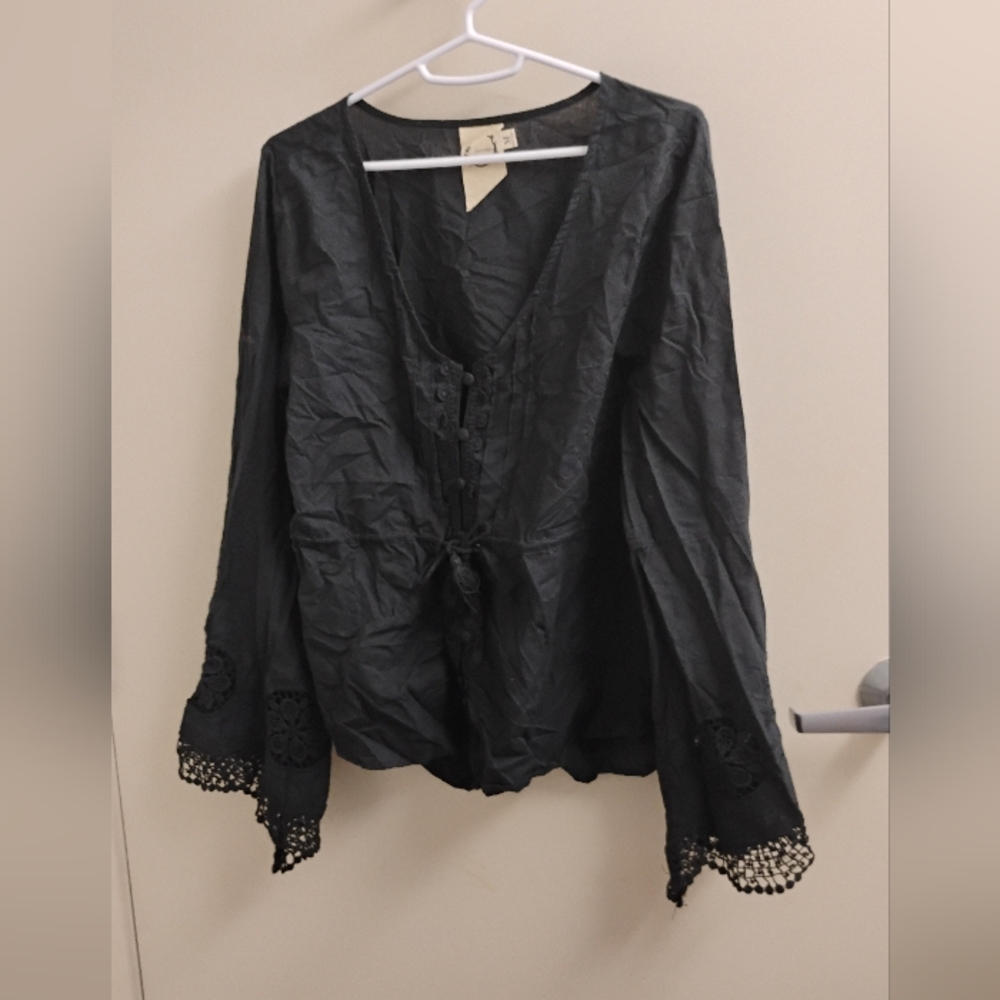 Sea Gypsies Black Crochet Lace Cotton Blouse Sz M